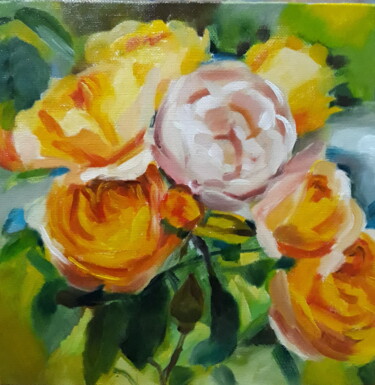 Painting titled "roses orangées" by Gabrielle Kovesdi, Original Artwork, Oil Mounted on Cardboard
