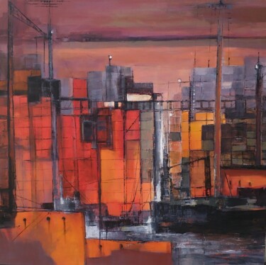 Painting titled "Cadences portuaires…" by Gabrielle Hollensett-Grugier, Original Artwork, Oil