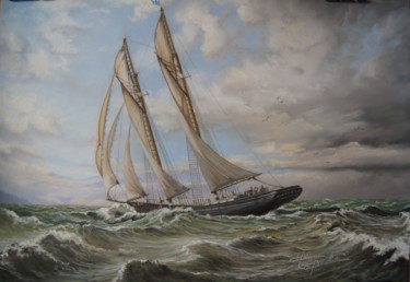 Desenho intitulada "Bluenose  en régate" por Gaby Bourlier, Obras de arte originais, Pastel