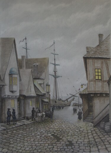 Zeichnungen mit dem Titel "Le vieux port s'éve…" von Gaby Bourlier, Original-Kunstwerk, Graphit Auf Holzplatte montiert