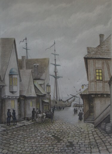 Tekening getiteld "Le vieux port s'éve…" door Gaby Bourlier, Origineel Kunstwerk, Grafiet Gemonteerd op Houten paneel