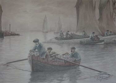 Dessin intitulée "Retour de pêche d'a…" par Gaby Bourlier, Œuvre d'art originale, Graphite Monté sur Panneau de bois
