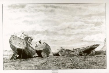 Tekening getiteld "Cimetière de bateau…" door Gaby Bourlier, Origineel Kunstwerk, Grafiet Gemonteerd op Houten paneel