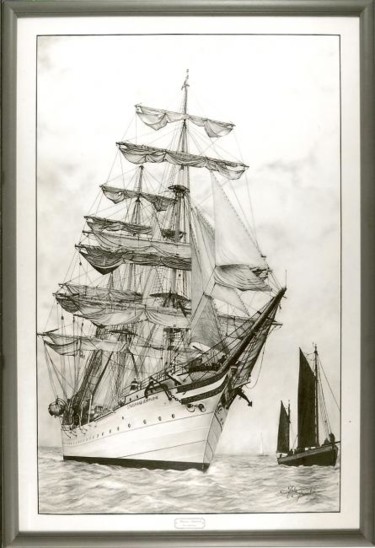 제목이 "Statsraad Lehmkuhl"인 그림 Gaby Bourlier로, 원작, 흑연 목재 패널에 장착됨