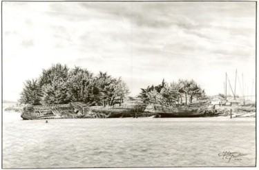 Dessin intitulée "Cimetière de bateau…" par Gaby Bourlier, Œuvre d'art originale, Graphite Monté sur Panneau de bois