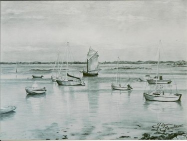 제목이 "Le port s'éveille"인 그림 Gaby Bourlier로, 원작, 흑연 목재 패널에 장착됨
