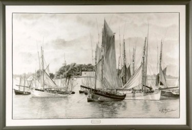 Drawing titled "Dundees au mouillage" by Gaby Bourlier, Original Artwork, Graphite Mounted on Wood Panel