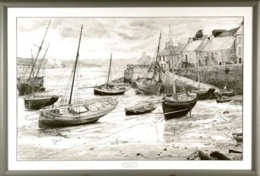 Tekening getiteld "Vieux port à marée…" door Gaby Bourlier, Origineel Kunstwerk, Grafiet Gemonteerd op Houten paneel