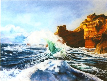 Drawing titled "Vague d'Emeraude" by Gaby Bourlier, Original Artwork, Pastel Mounted on Wood Panel