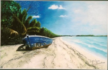 Drawing titled "Epave sur le rivage" by Gaby Bourlier, Original Artwork, Pastel Mounted on Wood Panel