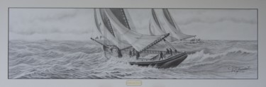 제목이 "Goélette de pêche à…"인 그림 Gaby Bourlier로, 원작, 흑연 목재 패널에 장착됨