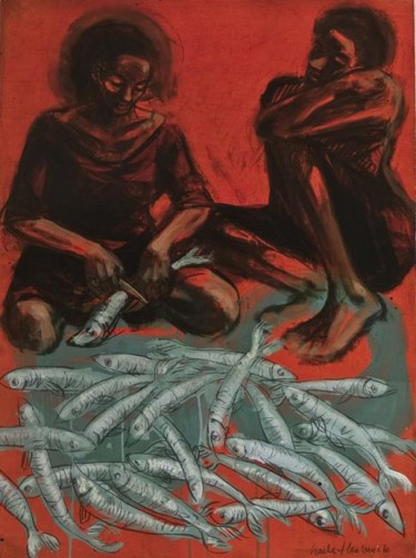 Painting titled "Femmes aux poissons" by Gaele Flao, Original Artwork