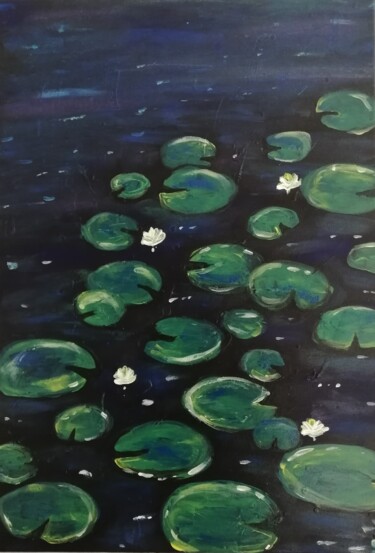 Painting titled "Nénuphar blanc" by Gaëlle Lextrait, Original Artwork, Acrylic Mounted on Wood Stretcher frame