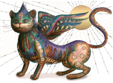 Digital Arts titled "ANTIQUE CAT 1" by Gaia Makh, Original Artwork, Digital Painting