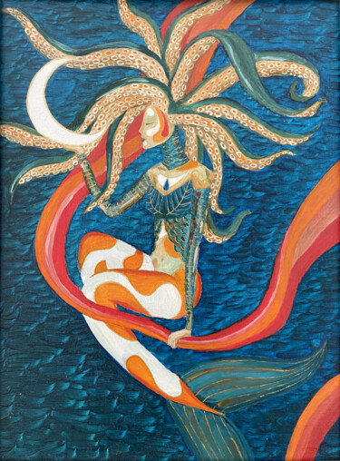 Painting titled "MELUSINE" by Gaia Makh, Original Artwork, Oil Mounted on Cardboard