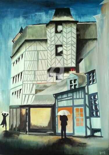 Schilderij getiteld "Rennes sous la pluie" door Gaïdg, Origineel Kunstwerk, Acryl Gemonteerd op Frame voor houten brancard