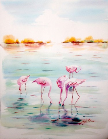 Peinture intitulée "les flamants de Pal…" par Jean-Louis Gaillard, Œuvre d'art originale, Aquarelle