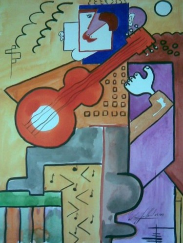 Schilderij getiteld "Guitar Blues" door Jean-Louis Gaillard, Origineel Kunstwerk, Aquarel
