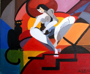 Pintura titulada "la dame aux félins" por Jean-Louis Gaillard, Obra de arte original, Oleo Montado en Bastidor de camilla de…