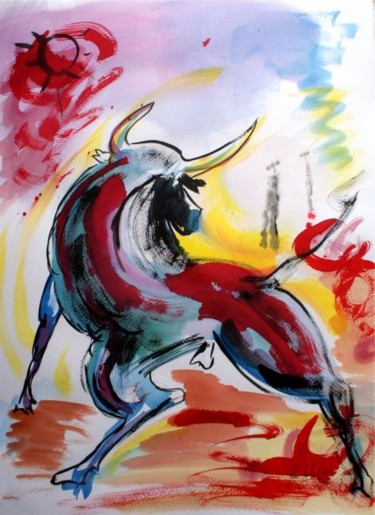 Peinture intitulée "Taureau au combat" par Jean-Louis Gaillard, Œuvre d'art originale, Huile