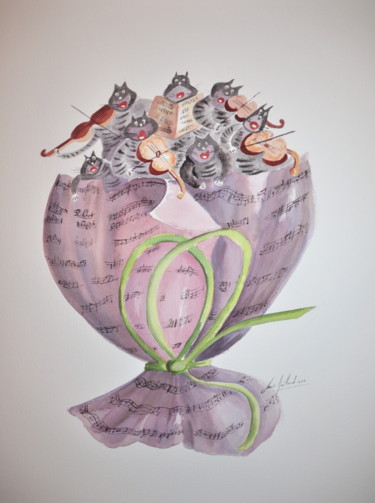 Peinture intitulée "chats chantent bien" par Jean-Louis Gaillard, Œuvre d'art originale, Aquarelle