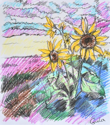 Dessin intitulée "sunflowers" par Galina Zulkarniaeva, Œuvre d'art originale, Pastel