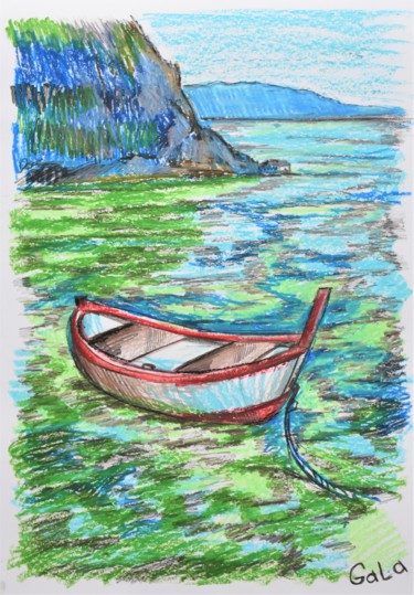 Disegno intitolato "boat on green waves" da Galina Zulkarniaeva, Opera d'arte originale, Pastello Montato su Plexiglass