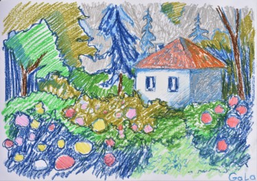 Drawing titled "House in the village" by Galina Zulkarniaeva, Original Artwork, Pastel