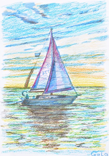 Desenho intitulada "boat trip" por Galina Zulkarniaeva, Obras de arte originais, Pastel