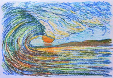Рисунок под названием "wave at sunset" - Galina Zulkarniaeva, Подлинное произведение искусства, Пастель Установлен на картон