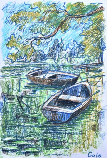 Рисунок под названием "boats on the pond" - Galina Zulkarniaeva, Подлинное произведение искусства, Пастель