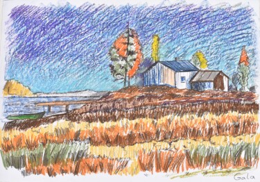 Drawing titled "Autumn at the ranch" by Galina Zulkarniaeva, Original Artwork, Pastel