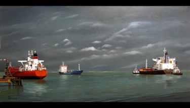 Peinture intitulée "Attente en estuaire…" par Didier Derre, Œuvre d'art originale, Huile