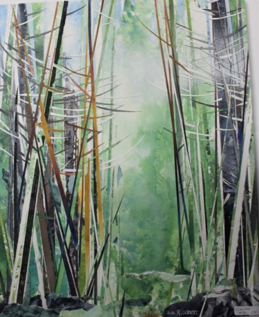 Clairière verte Collages titled "Clairière verte" by Raymond Guibert, Original Art, Collages Mounted on Wood Panel