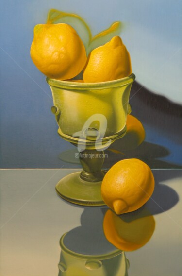 Painting titled "« Coupe de citrons »" by Galerie De  Parrhasios, Original Artwork, Oil Mounted on Wood Stretcher frame