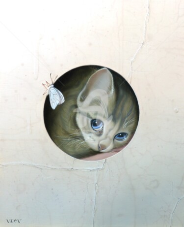 Schilderij getiteld "« Le chat et le pap…" door Galerie De  Parrhasios, Origineel Kunstwerk, Olie Gemonteerd op Frame voor h…