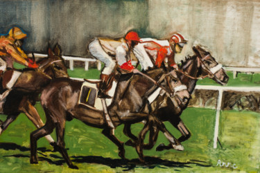 Painting titled "La course au cavali…" by Anne Mathieu, Original Artwork, Oil Mounted on Wood Stretcher frame