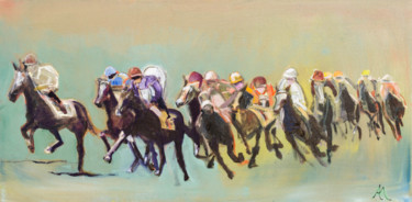 Painting titled "La course de chevaux" by Anne Mathieu, Original Artwork, Oil Mounted on Wood Stretcher frame