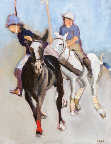 Painting titled "Deux joueurs de polo" by Anne Mathieu, Original Artwork, Oil Mounted on Wood Stretcher frame