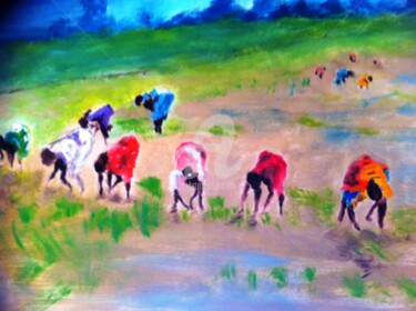 Peinture intitulée "La cueillette du riz" par Arlette Flécher, Œuvre d'art originale, Huile