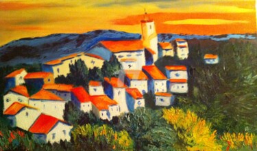 Peinture intitulée "Village de Provence" par Arlette Flécher, Œuvre d'art originale, Huile