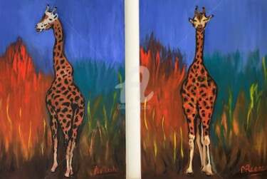 Painting titled "Les girafes" by Arlette Flécher, Original Artwork, Oil