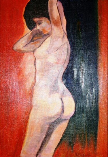 Painting titled "Nu rouge" by Arlette Flécher, Original Artwork, Oil