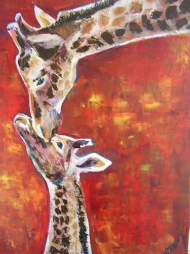 Peinture intitulée "girafon et sa mere" par Jador, Œuvre d'art originale