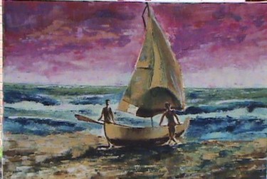 Painting titled "pirogue africaine" by Jador, Original Artwork, Oil