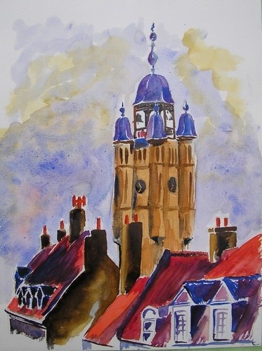 Peinture intitulée "beffroi de Bergues" par Jador, Œuvre d'art originale, Aquarelle