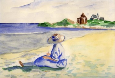 Peinture intitulée "peintre sur la plage" par Jador, Œuvre d'art originale