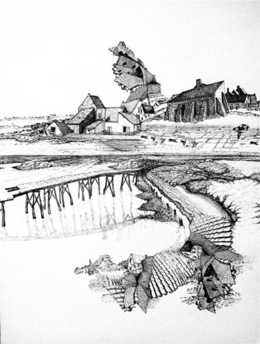 Dessin intitulée "Marais de Guérande" par Jean Kerinvel, Œuvre d'art originale, Autre