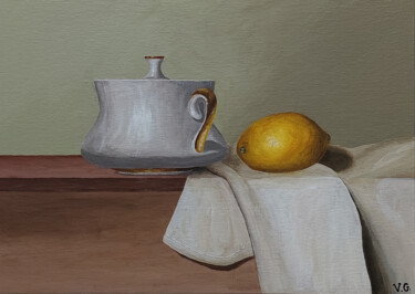 Painting titled "Still life with lem…" by Galia V, Original Artwork, Acrylic Mounted on Cardboard