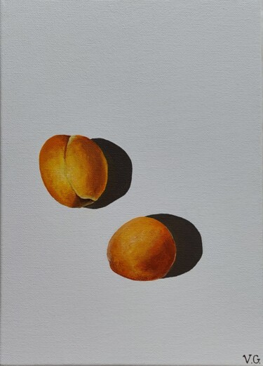 Painting titled "Apricots on a white…" by Galia V, Original Artwork, Acrylic Mounted on Wood Stretcher frame